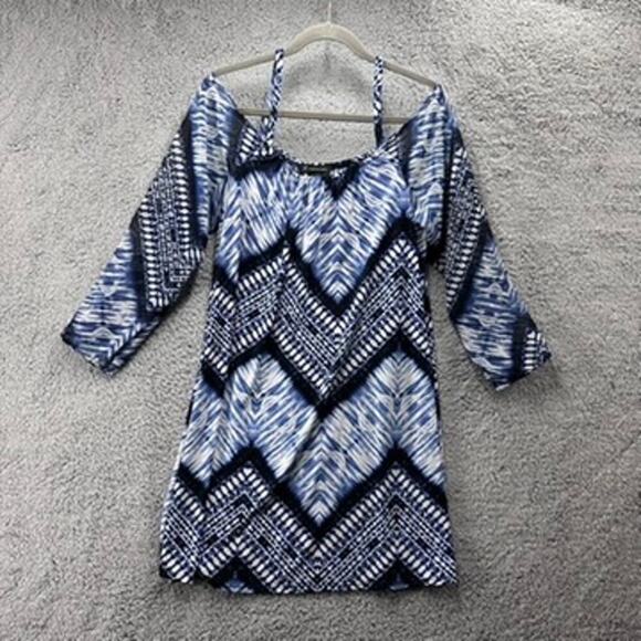 INC Women's‎ Large Blue Off The Shoulder Blue Sundress Sheer Sleeves Summer - Picture 3 of 10